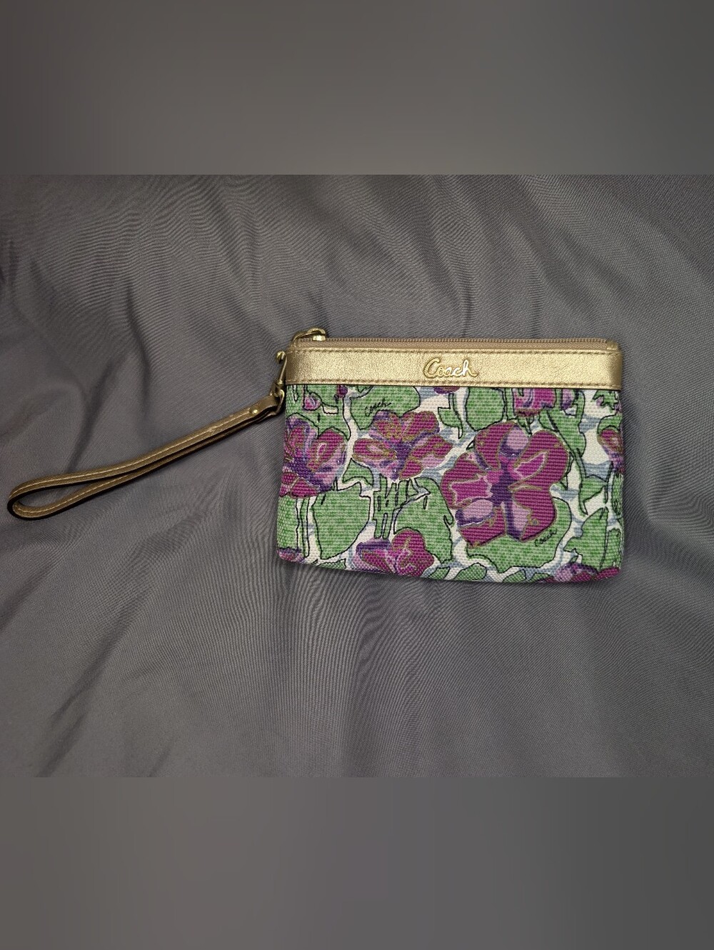 Coach Floral Canvas Wristlet with Gold Trim - Purple & Green